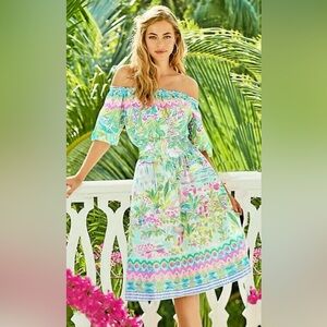 Lilly Pulitzer Vibrant Tropical Off Shoulder Midi Camille Dress